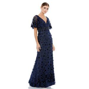 Mac Duggal Size 18 Midnight Blue Embellished Floral V-Neck Lace Gown Maxi Dress